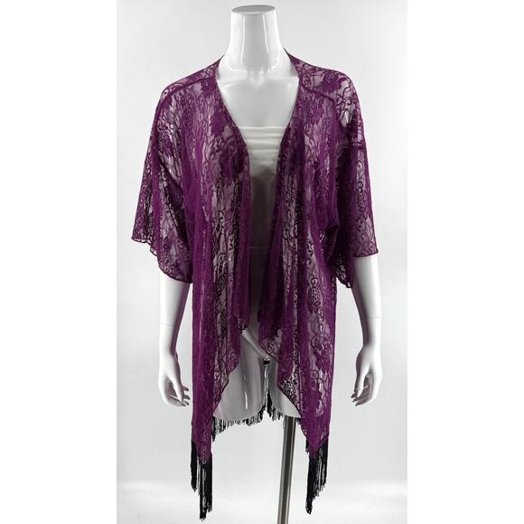 Lularoe Lace Kimono Duster Top Size Large Purple Black Tassel Hem Cover Up - Picture 1 of 6
